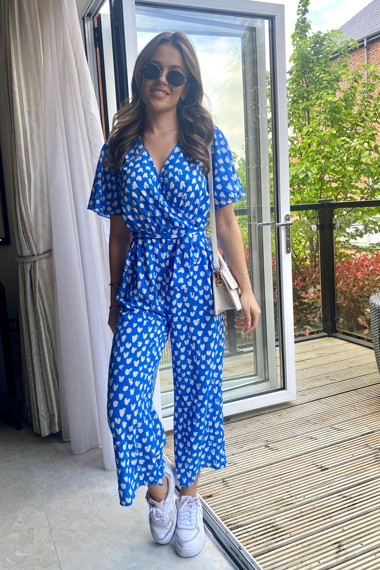 Leona Blue Heart Angel Sleeve Culotte Jumpsuit